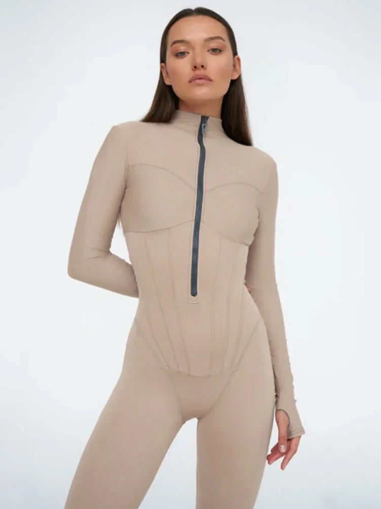 2024 Spring Sexy Elegant Women Zip-up O-neck Long Sleeve Jumpsuit Streetwear Summer Overalls One Piece Fitness Sports Bodysuits