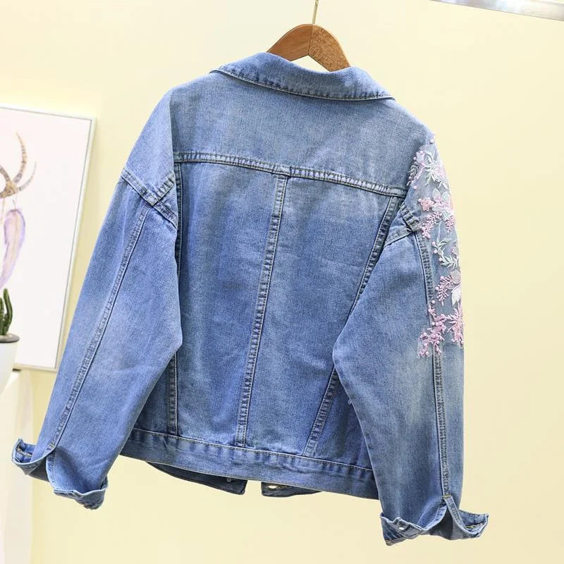 2022 New Embroidery Denim Short Jacket Women Spring Autumn Applique Diamond Holes Coat Loose Tops Student Jean Outerwear Jackets