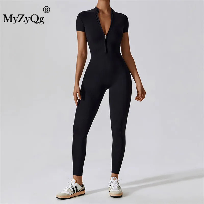 MyZyQg Women Summer Zipper Ballet Dance Aerial Short Sleeve Yoga Jumpsuit Female Dance Fitness Bodyfitting Sports Playsuits