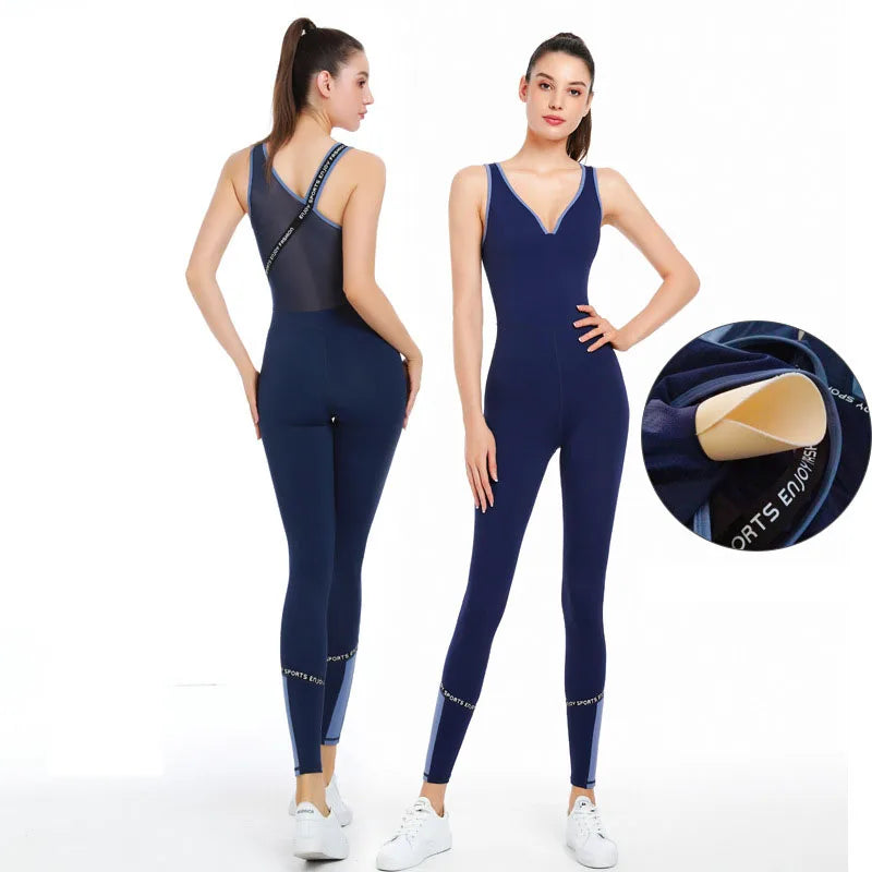 V-neck Mesh Patchwork Yoga Sets Women Sleeveless Gym Clothing Sports Suit with Padded Back Strap Cross Rompers Fitness Jumpsuit