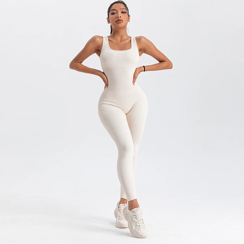 Women's Rompers Long Sleeve Skinny Bodycon Yoga Jumpsuits Ribbed Sports Fitness Casual Square Neck Playsuits Club Streetwear
