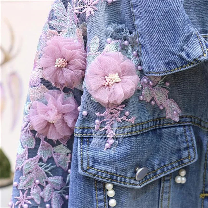 2022 New Embroidery Denim Short Jacket Women Spring Autumn Applique Diamond Holes Coat Loose Tops Student Jean Outerwear Jackets