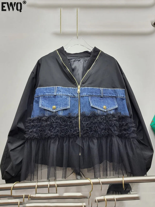 [EWQ] Hem Mesh Spliced Denim Patchwork Jacket For Women Long Sleeve Loose Casual Zip-up Jackets Coat 2023 Autumn Winter 16U3964