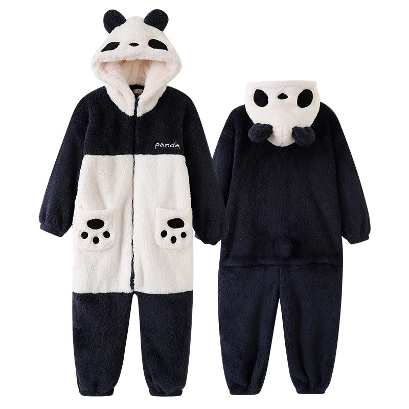 Parent-Child Outfit Pijamas Jumpsuits Kawaii Cartoon Panda Women Men Sleepwear Hoodies Winter Thicken Pajamas Onesie Pyjamas