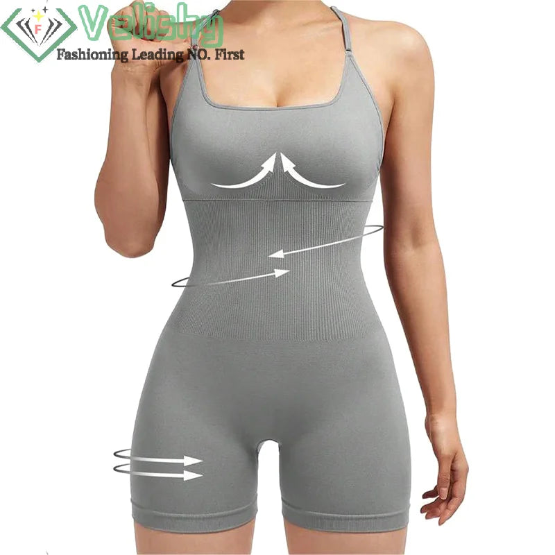 Women Strappy Romper Seamless Jumpsuit Tummy Control Padded One Piece Sports Bra Ribbed Quick-drying Fitness Tops