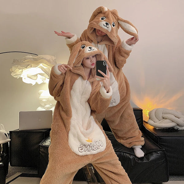 kangaroo Couples Pajamas Jumpsuits  Women Men Adult Winter Thicken Hooded Pyjamas Sleepwear Korean Loose Onesie Soft Warm Home