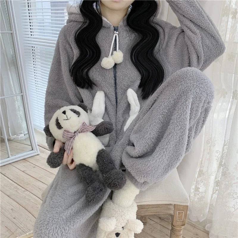 Bunny Hooded Onesies Women Kigurumi Pajamas Cute Pijama Winter Warm Sleepwear Kawaii Female Nightwear Pyjamas Gray Jumpsuit