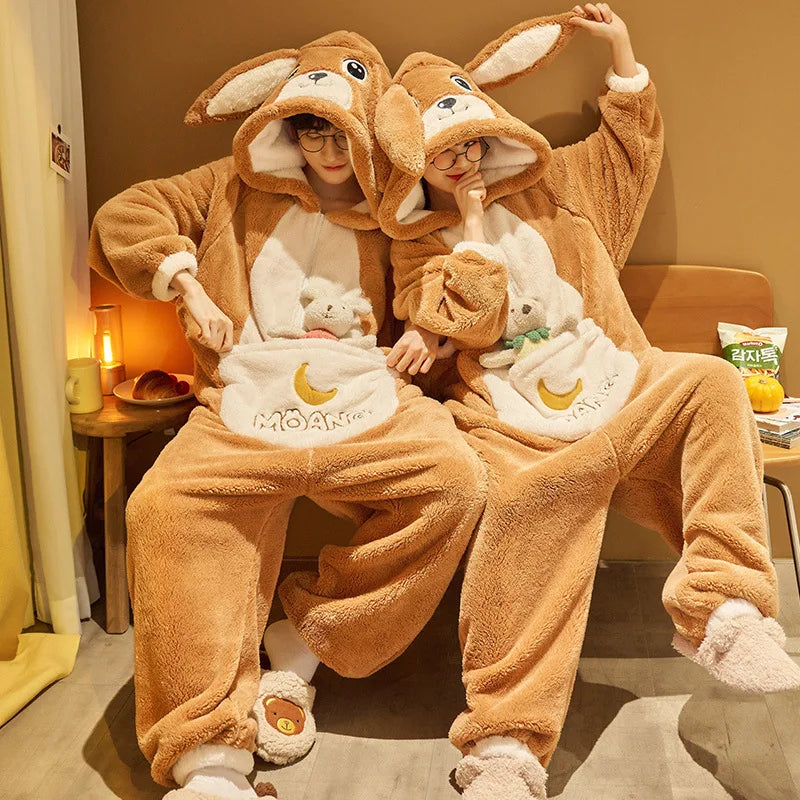 Winter Couple Pajamas Jumpsuits Women Men Coral Fleece Sleepwear Onesie Cartoon Rabbit Korean Warm Thicken Pyjamas Lover Pigiama