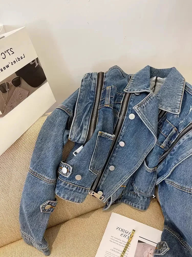 Vintage Streetwear Bomber Motorcycle Crop Denim Jacket Women Autumn Shoulder Pad Multi Zipper Short Ripped Jeans Jackets Outwear