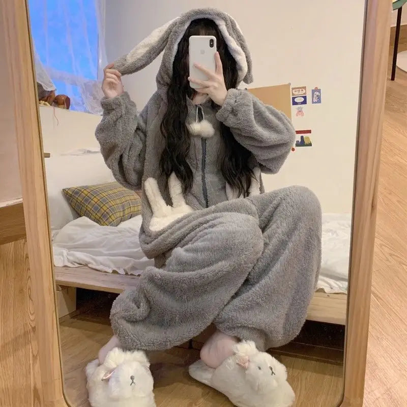 Bunny Hooded Onesies Women Kigurumi Pajamas Cute Pijama Winter Warm Sleepwear Kawaii Female Nightwear Pyjamas Gray Jumpsuit