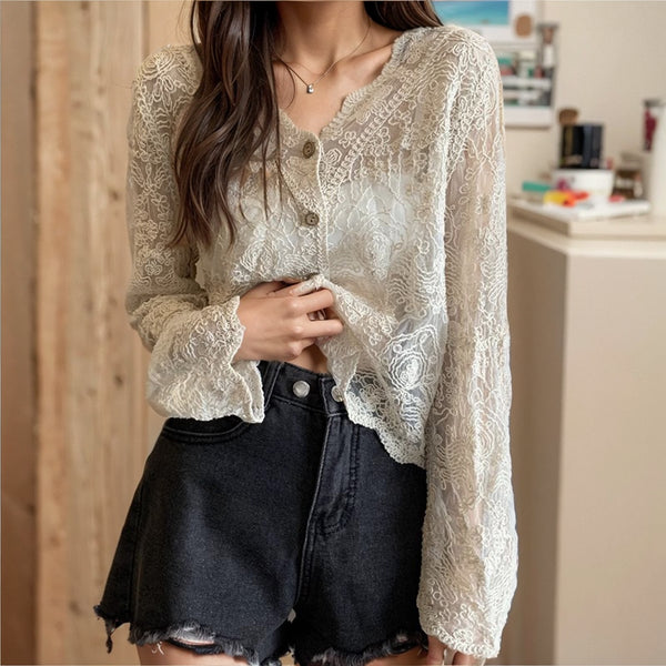 Coat Women's Lace Hollow out V-neck Shawl Knitted Cardigan