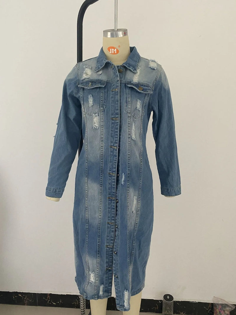 Ripped Raw Hem Button Front Longline Denim Coat Women Cardigan Breasted Holes Jackets Pockets High Street Outerwear Autumn