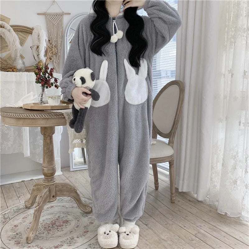 Bunny Hooded Onesies Women Kigurumi Pajamas Cute Pijama Winter Warm Sleepwear Kawaii Female Nightwear Pyjamas Gray Jumpsuit