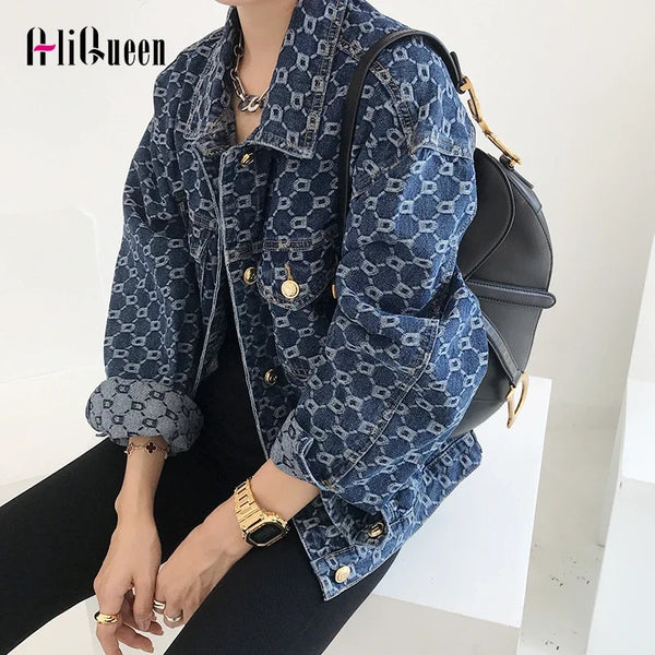 Women Vintage Loose Long Sleeve Print Cotton Jean Jackets Spring Fall Female Casual Blue Denim Jacket Coats Streetwear Outwear