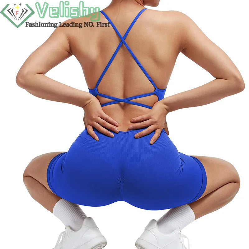 Women Strappy Romper Seamless Jumpsuit Tummy Control Padded One Piece Sports Bra Ribbed Quick-drying Fitness Tops