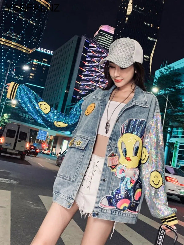 Fashion Denim Jackets Women Cartoon Sequin Stitching Embroidery Streetwear Hip Hop Vintage Outerwear Female 2023 Jean Coats 2023