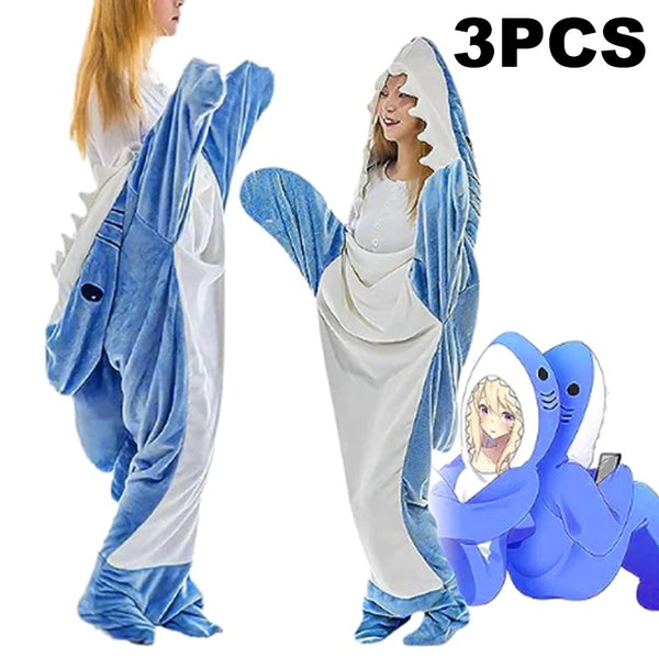 3PCS Cartoon Shark Sleeping Bag Pajamas Office Nap Wearable Loose Onesie Pajamas Kids Blanket Adult Blanket