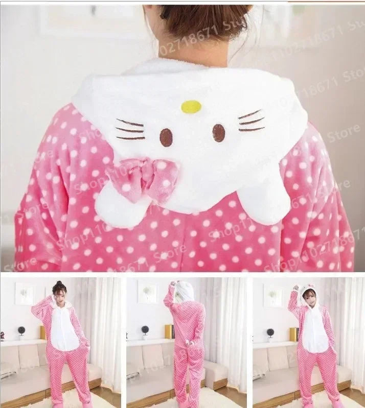 Hello Kitty Sanrio One-Piece Pajamas Sets Adults Winter Anime Onesies Boys Girls Pyjama Cartoon Cosplay Costume Christmas Gift