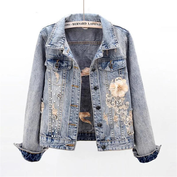 2023 Spring Autumn Women’s Denim Jacket Long Sleeve Overcoat Loose Three-dimensional Button Pearls Outwear Ripped Jeans Jackets