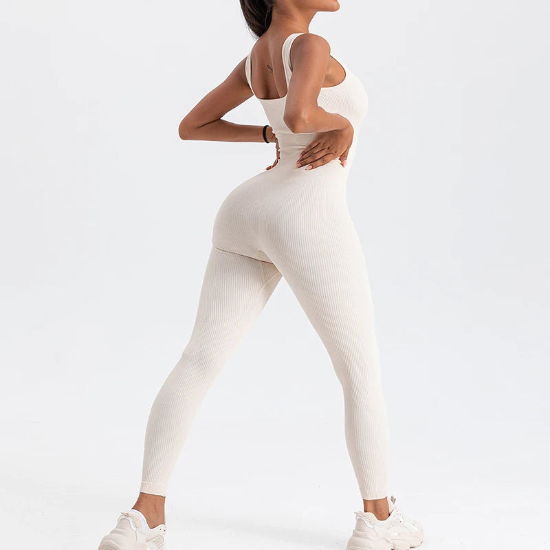 Women's Rompers Long Sleeve Skinny Bodycon Yoga Jumpsuits Ribbed Sports Fitness Casual Square Neck Playsuits Club Streetwear