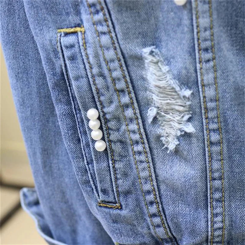2022 New Embroidery Denim Short Jacket Women Spring Autumn Applique Diamond Holes Coat Loose Tops Student Jean Outerwear Jackets