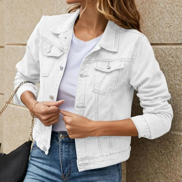 Women Denim Jacket Single-breasted Solid Color Lapel Flap Pockets Cardigan Warm Buttons Slim Fit High Street Women Coat Abrigo