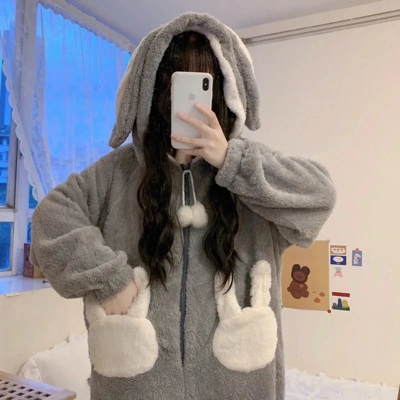 Bunny Hooded Onesies Women Kigurumi Pajamas Cute Pijama Winter Warm Sleepwear Kawaii Female Nightwear Pyjamas Gray Jumpsuit