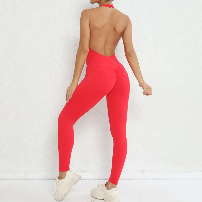 Seamless Yoga Jumpsuits Sports Fitness Peach Hip-lifting Beauty Backless One-piece Pocket Tight Workout Gym Tracksuits for Women