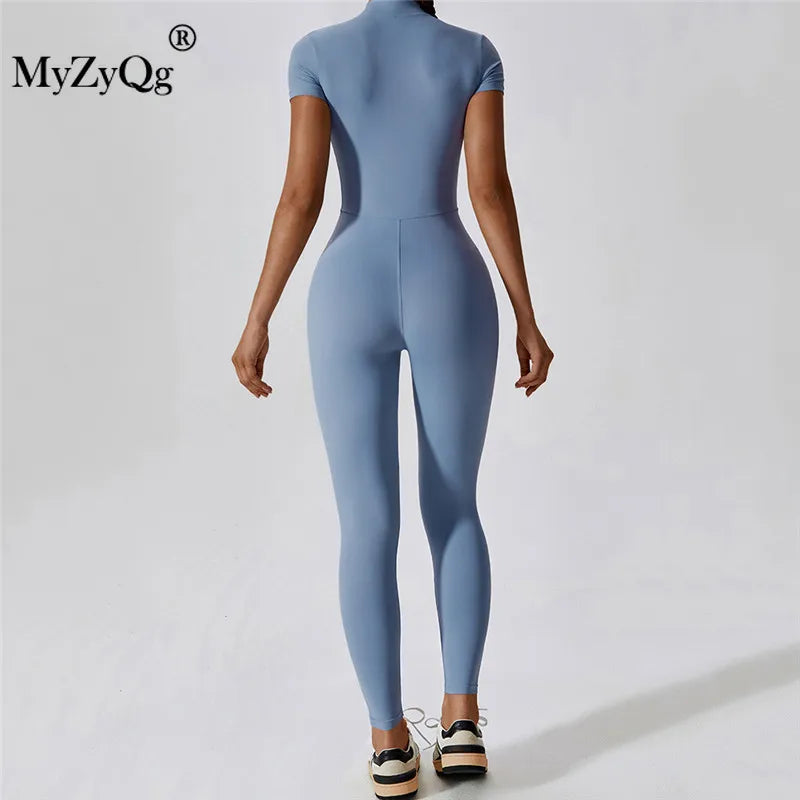 MyZyQg Women Summer Zipper Ballet Dance Aerial Short Sleeve Yoga Jumpsuit Female Dance Fitness Bodyfitting Sports Playsuits