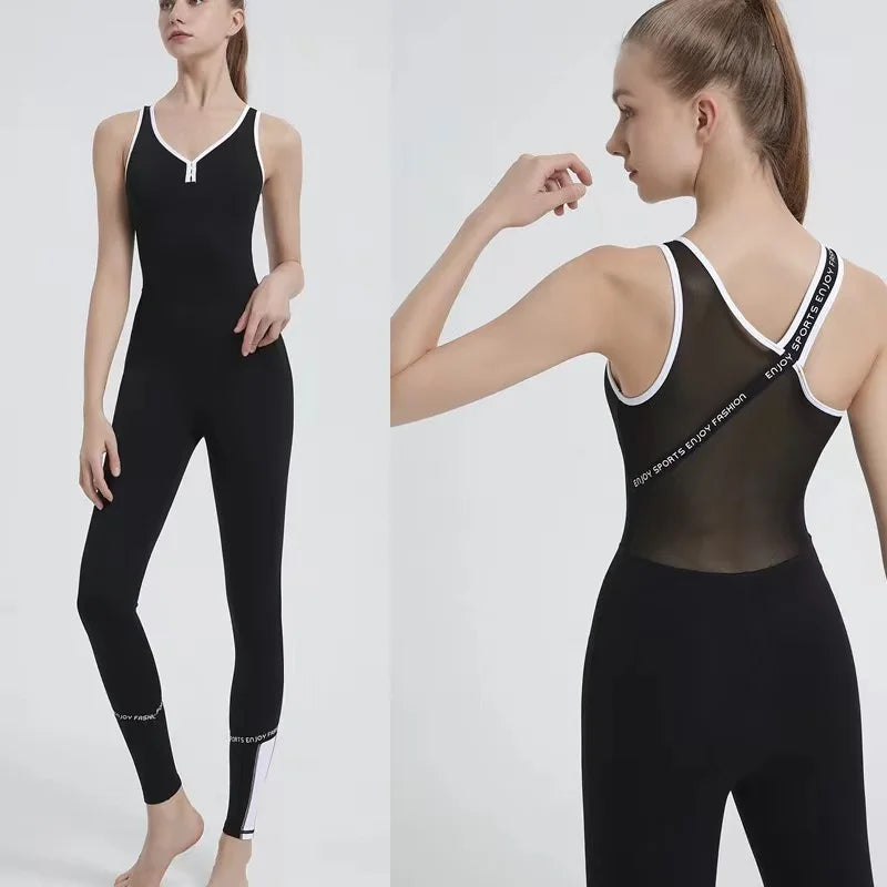 V-neck Mesh Patchwork Yoga Sets Women Sleeveless Gym Clothing Sports Suit with Padded Back Strap Cross Rompers Fitness Jumpsuit