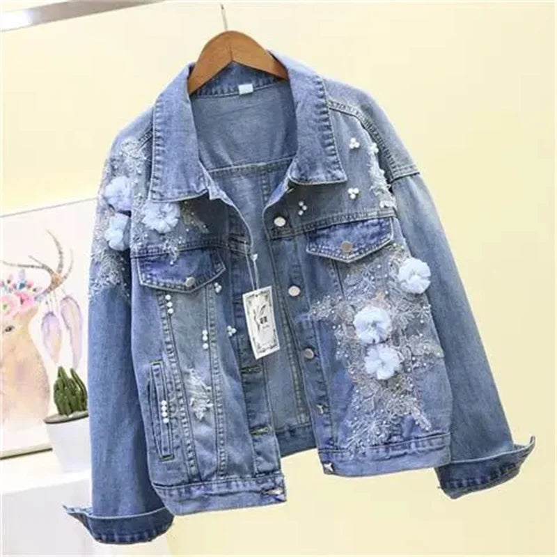 2022 New Embroidery Denim Short Jacket Women Spring Autumn Applique Diamond Holes Coat Loose Tops Student Jean Outerwear Jackets