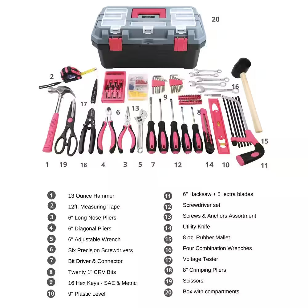 Household Tool Kit with 16.5 In. Tool Box Pink (170-Piece)