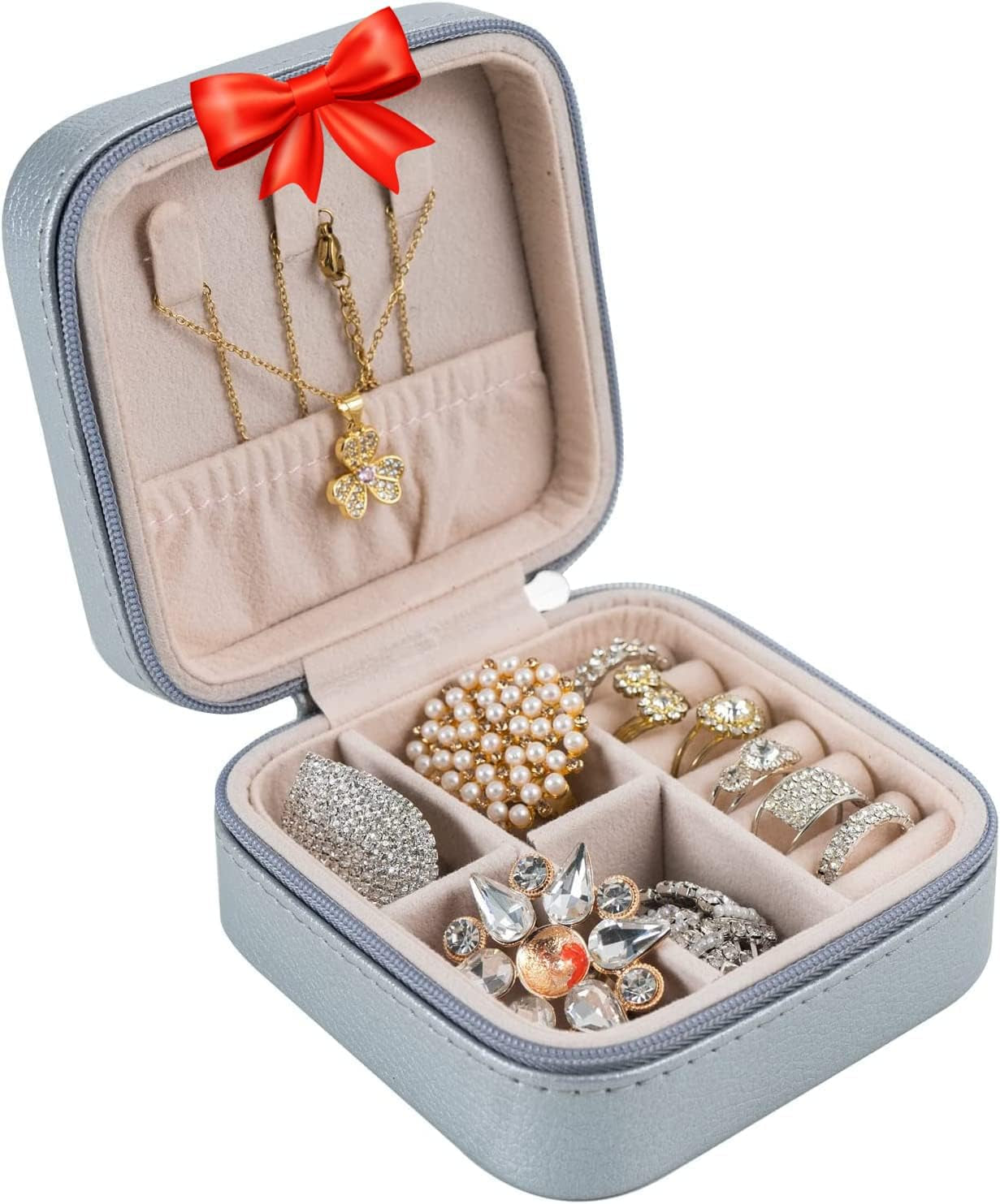 Small Travel Jewelry Organizer Case - Portable Storage Case for Necklace, Earring, Ring, Bracelet - Jewelry Display & Storage Box for Girls & Women (Silver)