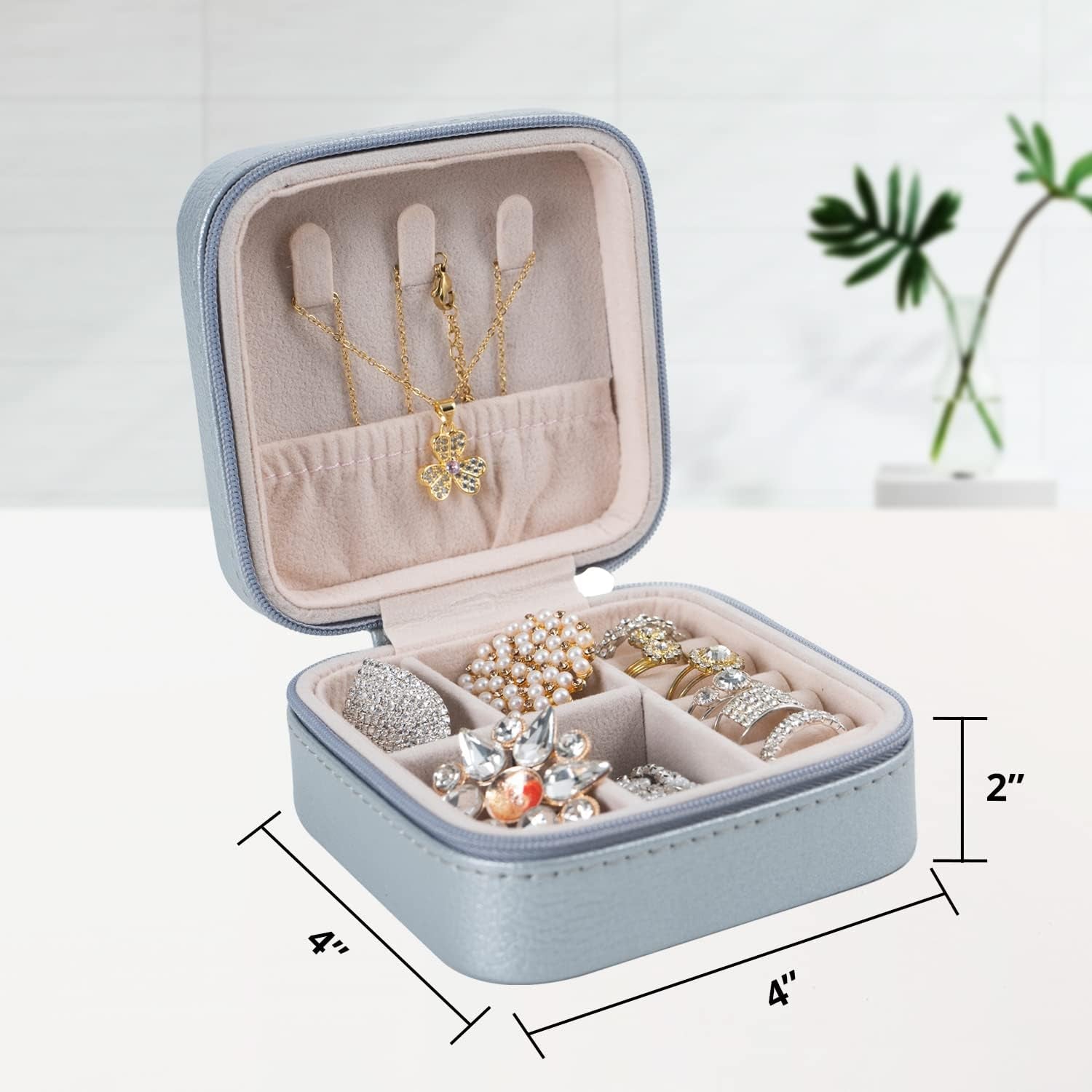 Small Travel Jewelry Organizer Case - Portable Storage Case for Necklace, Earring, Ring, Bracelet - Jewelry Display & Storage Box for Girls & Women (Silver)
